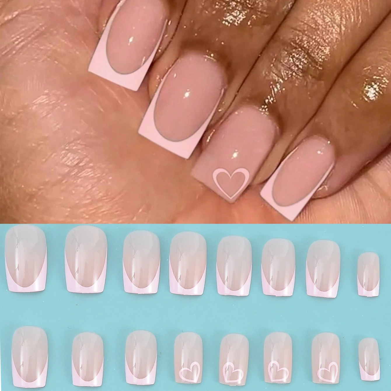 Faux ongles rectangulaires en forme de cœur, 24 pièces, couleur chair, pointus, français, pour la saint-valentin, adaptés aux femmes et aux filles