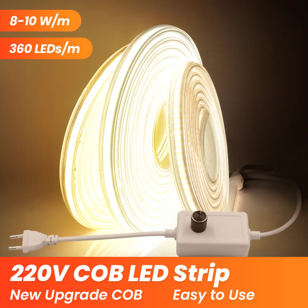 

Dimmable COB LED Strip Light 220V Outdoor Waterproof LED Ribbon with Switch 360LEDs High Density Linear Light Flexible LED Tape