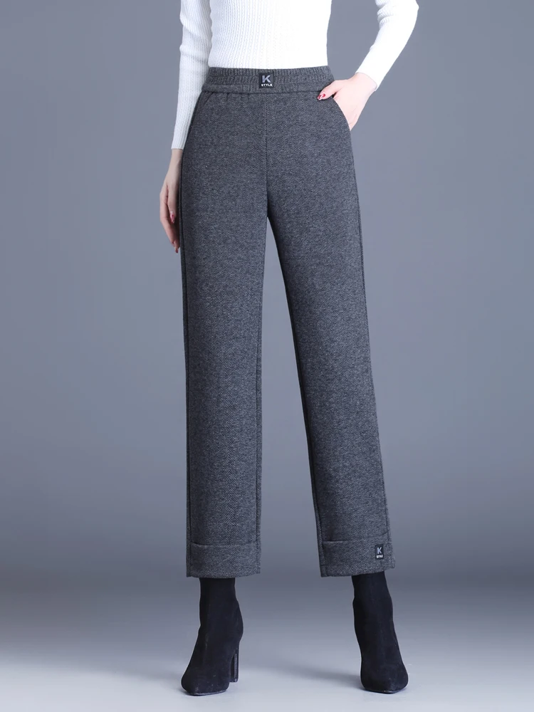 

High Waist Thickened Woolen Pants Women's Autumn Winter Straight Leg Casual Trousers Slimming Wide Leg Fleece Lined Pants