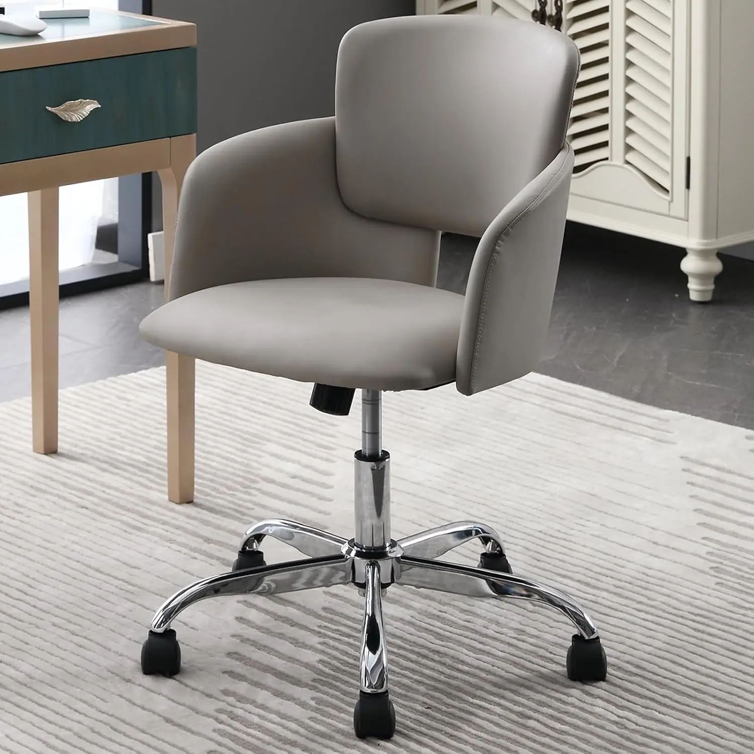 Home Office Chair with Wheels Adjustable Height PU Leather Modern Mid Back Swivel Dresser Task Chair for Meeting Room