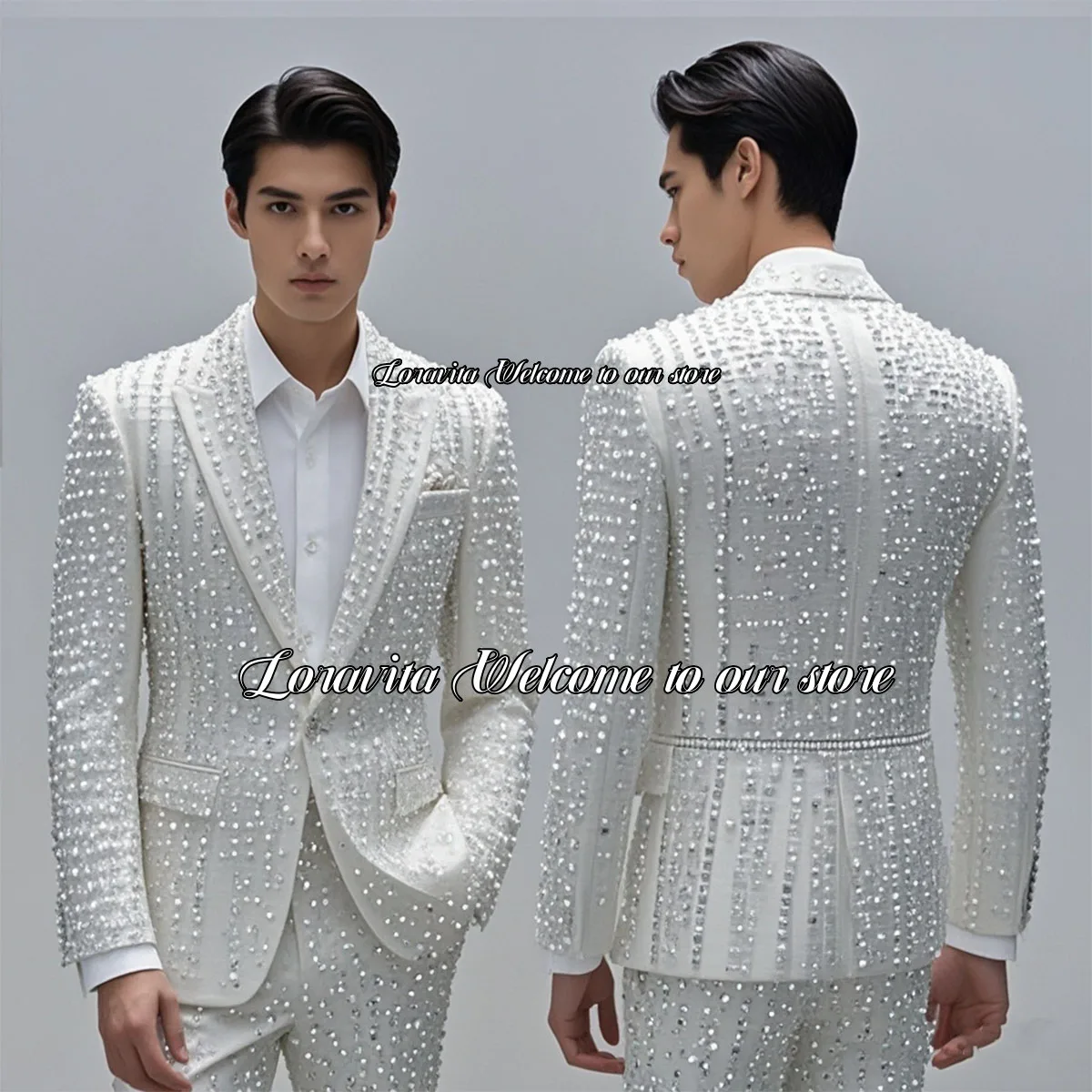 Sparkly Beaded Crystals Men Suits Luxury Peaked Lapel Wedding Groom Tuxedos 2 Pieces Sets Male Prom Blazers trajes para hombre