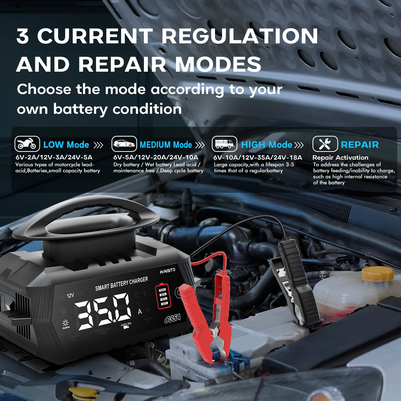 Nabíječka autobaterií HTRC 35A 6V/12V/24V Inteligentní nabíječka pro lithiové, LiFePO4, olověné, AGM baterie Automatická nabíječka pro motocykly - náhled 5