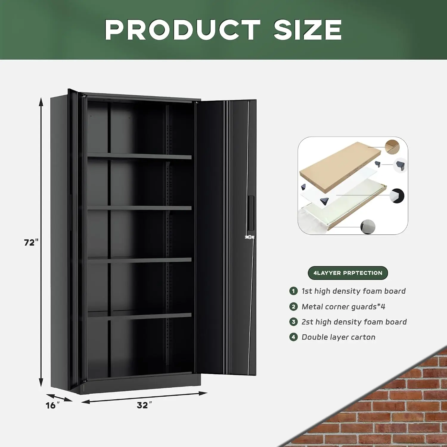 Metal Cabinet, 72” Black Tool Steel Locking Cabinet with Doors and 4 Shelves, Tall Cabinets for Garage Storage Systems Lockable