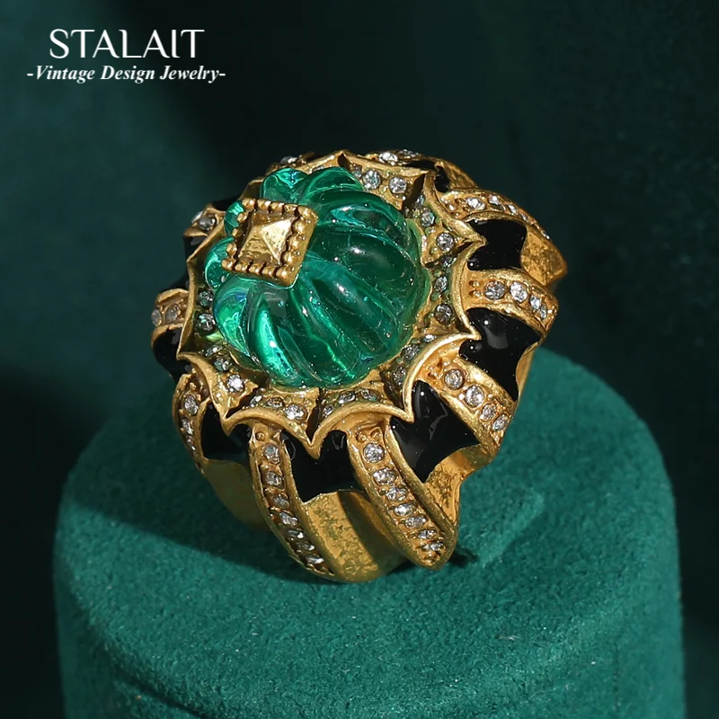 

Vintage Pumpkin Blue Crystal Rings Open Finger Jewelry Black Dripping Oil Halloween Thanksgiving Day Accessories For Women 2025