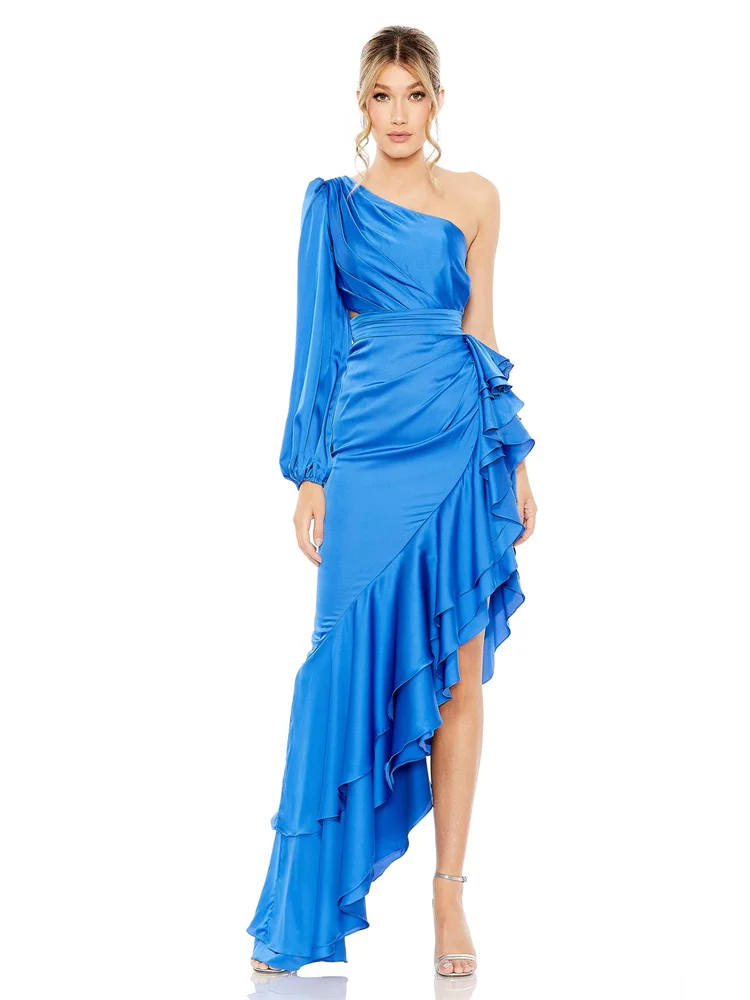 

Hot Selling One Shoulder Neckline Long Sleeve Satin Evening Dress Back Zipper Floor Length Asymmetrical Ruffles Gown For Women