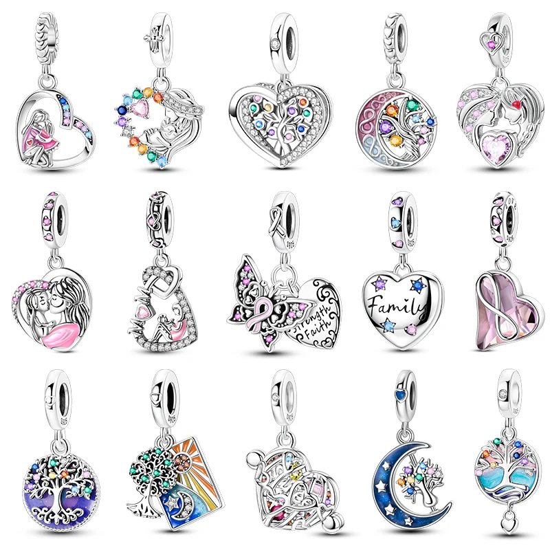Fashion 925 Sterling Silver Heart Shape Tree Of Life Mother Sister Hug Charms Beads Fit Original Bracelets Fine DIY Jewelry Gift