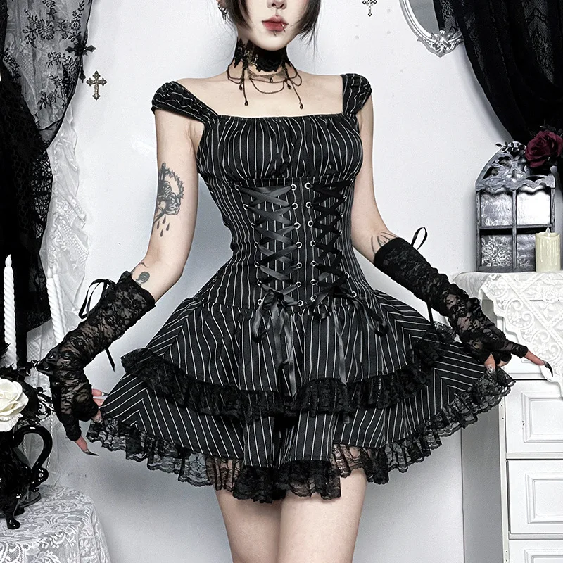 

Lace Up Waist Corset Gothic Mini Cake Costume Vintage Black Dress 2026 Striped Print Japanese Style Lolita Subculture Dresses