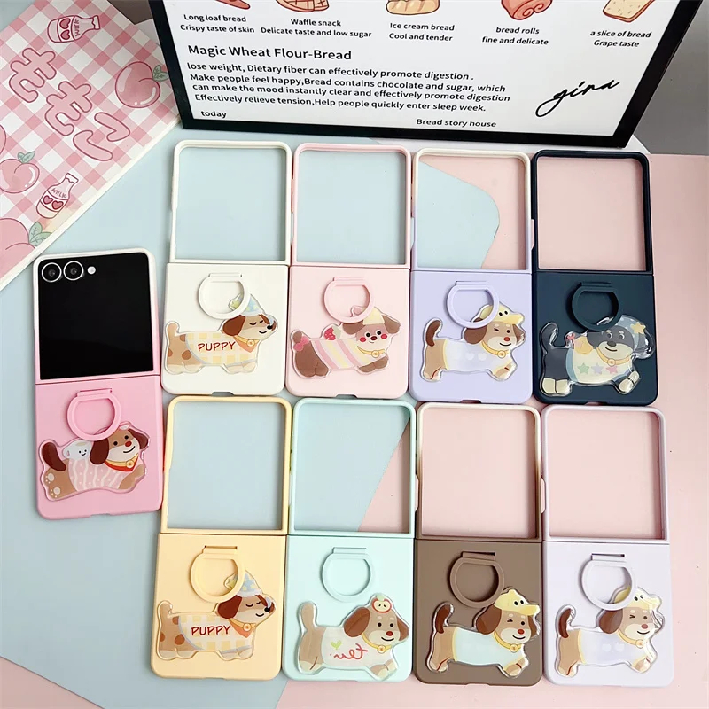 

Cartoon Dog Ring Phone Case For Samsung Galaxy Z Flip 5 6 7 FE PC+TPU Shockproof Cover