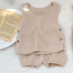 New Baby Clothing Knitted Sweater Thin Tank Top Open Button Top+Shorts 2-piece Set for Boys and Girls