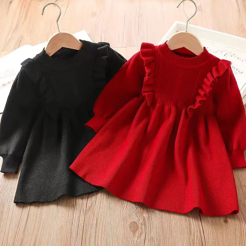 Winter 2 3 4 5 6 7 8 9 10 12 Years Children‘s Chirstmas New Year Thickening Princess Red Knitted Dress For Baby Kids Girls