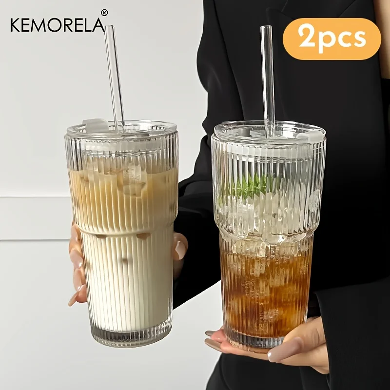 KEMORELA 600 ml Streifen-Glas-Kaffeetasse mit Deckel und ohne Deckel, Strohhalm, transparente Trinkgläser für Saft, Eiskaffeetassen, Trinkgeschirr 6