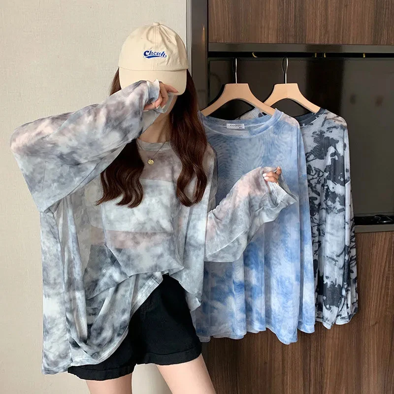 Tie Dye Long Sleeve T Shirt Women Korean Fashion Loose Print Mesh Top Female Casual Chic O Neck Summer All Match Tees New