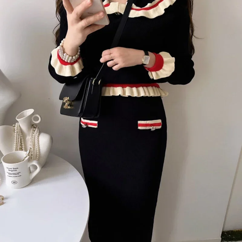 Neploe 2024 Autumn Sweet Two Piece Sets Age Reducing Peter Pan Collar Long Sleeve Sweater High Waist Slim Wrap Hip Half Skirt