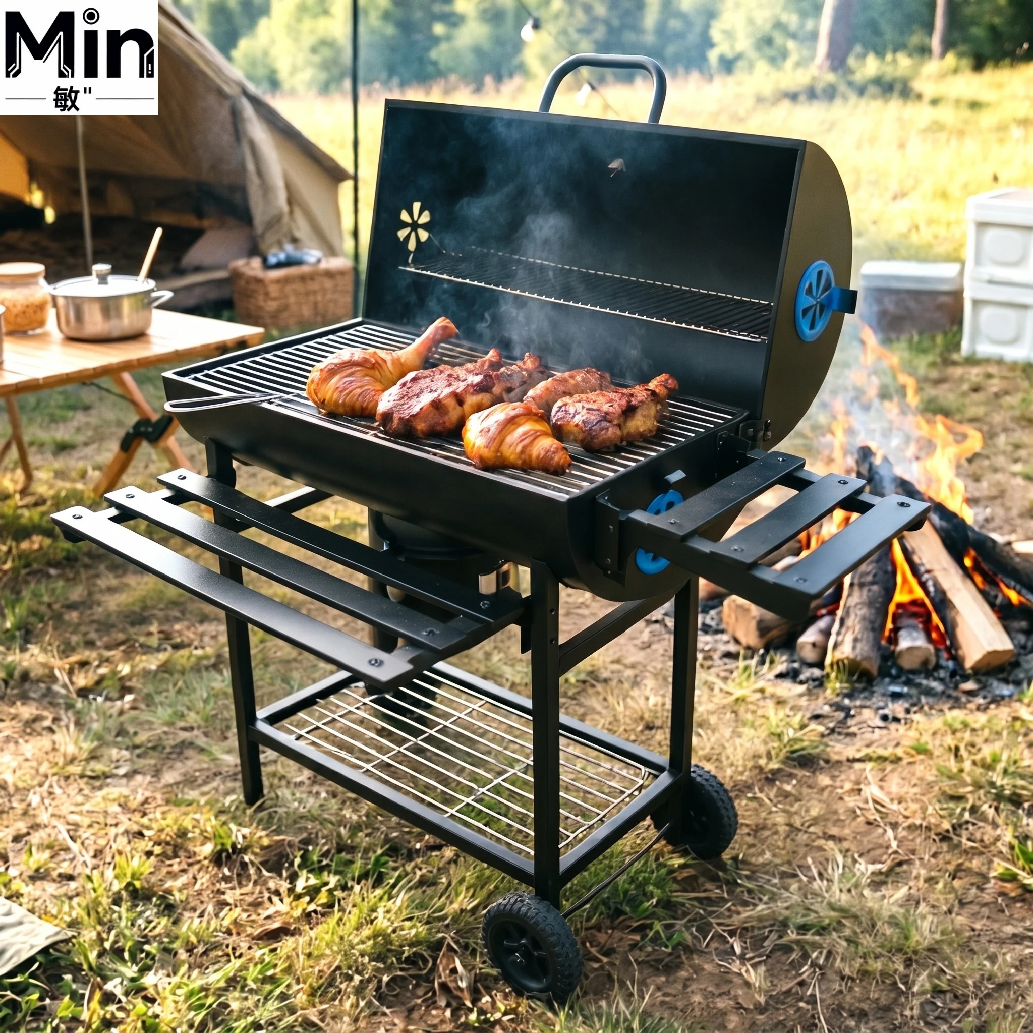 Hot Selling Modern Heavy Iron Outdoor Charcoal BBQ Grill Cart Style Barrel Grill with Folding for Backyard
