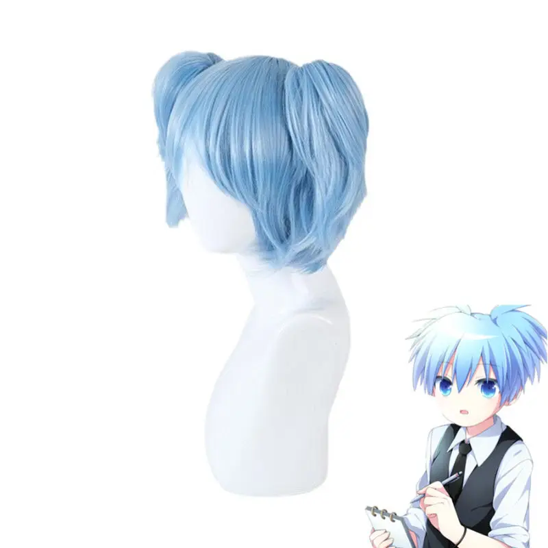 Sally Face Mask Cosplay Props Sally Latex Face Mask Wig Blue Short Heat Resistant Synthetic Hair Clip Double Ponytail Wig