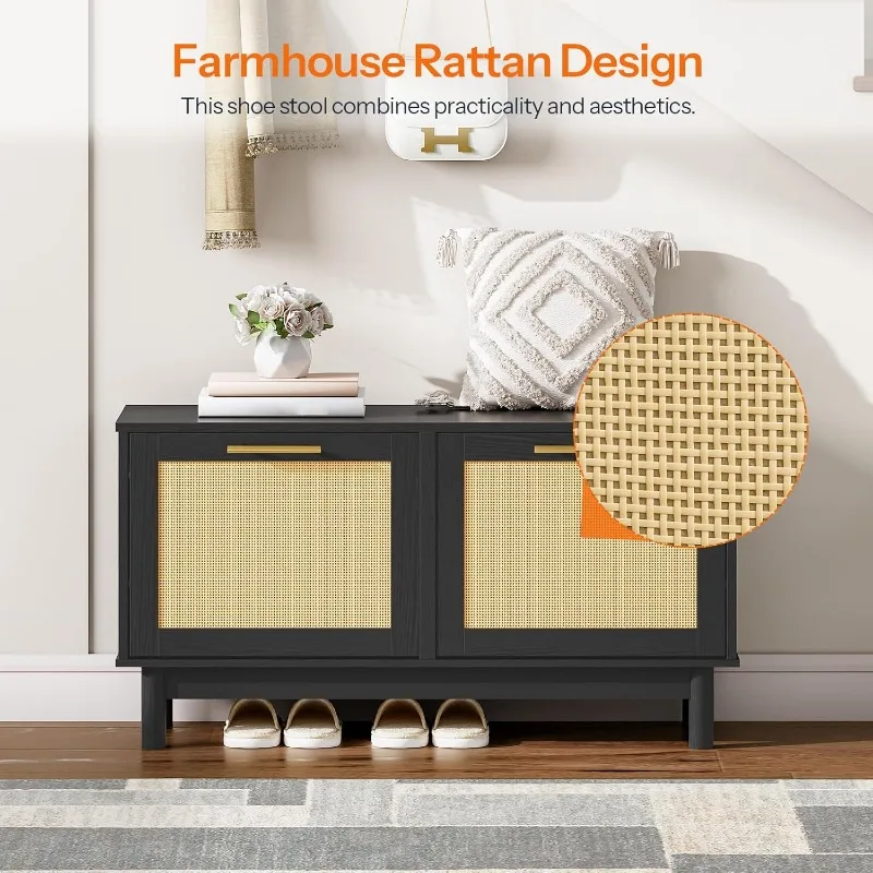 Rattan-Like Shoe Bench, Entryway Bench with Storage, Shoe Rack Bench, 2 Flip Drawers, Shoe Cabinet, Wooden Solid Legs