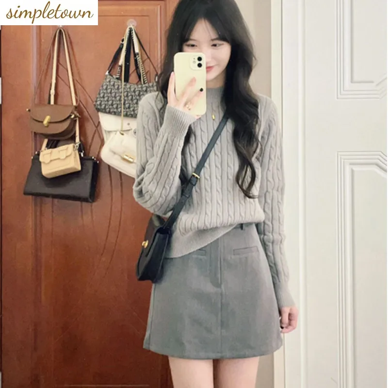 Autumn and Winter Korean Style Dress Up Playful and Lively College Style Knitted Sweater Short Skirt Two Piece Set for Women