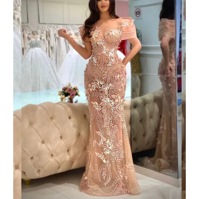 Vestidos de Noche de sirena rosa sin mangas con hombros descubiertos, apliques de cuentas de encaje 3D, lentejuelas, largo hasta el suelo, vestidos de fiesta formales de celebridades