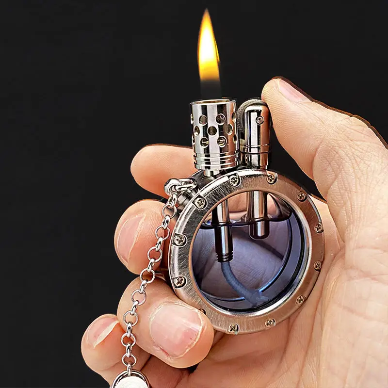 Handmade Pure Copper Gasoline Lighter Round Kerosene Oil Inflated Lighters With Transparent Oil Tank Creative Men Gift