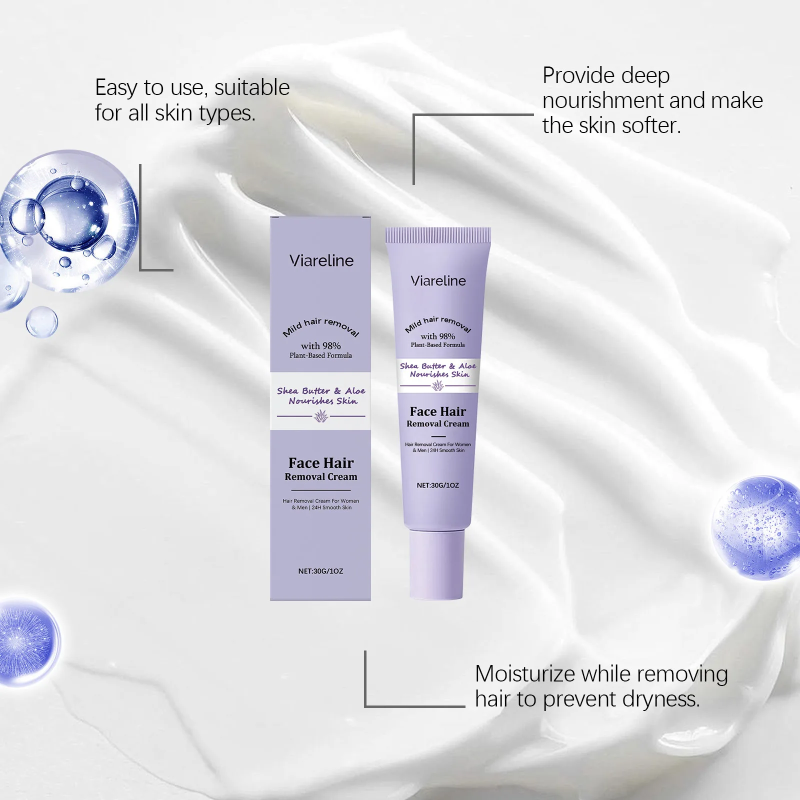 VIARELINE Facial Hair Removal Cream Inhibit Hair Growth Deeping Hydration Relieve Discomfort Shrink Pores Skin Depilatory Cream