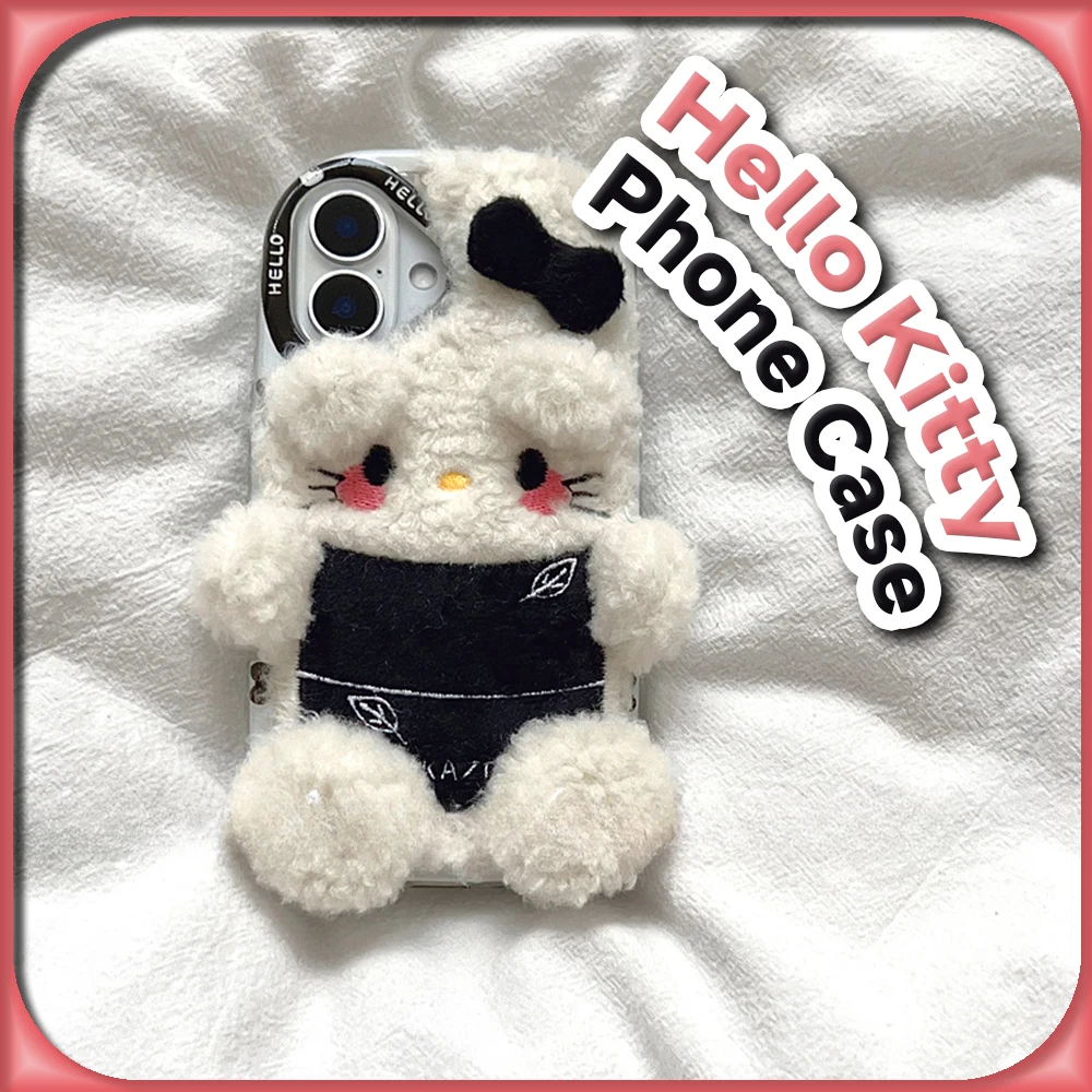 Kawaii Hello Kitty Plush Doll Case for IPhone 16 15 14 13 Pro Max Sanrio Anime Cute Fashion Fleece Protective Cover