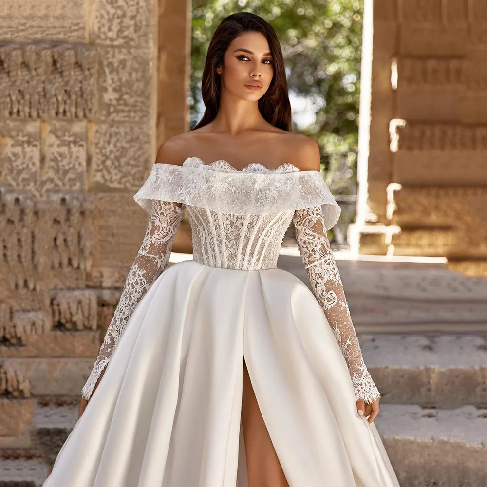 

Msikoods Customized Wedding Dresses Corset Off Shoulder Lace Long Sleeve Beidal Dress Satin Sexy Slit Corset Brides Bridal Gown