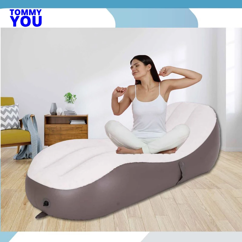 Manual Inflatable Lounger Lazy Flocked Sofa Bed Folding Camping Sofa Sun Loungers Recliner Chair Daybed Portable Air Cushion Bed