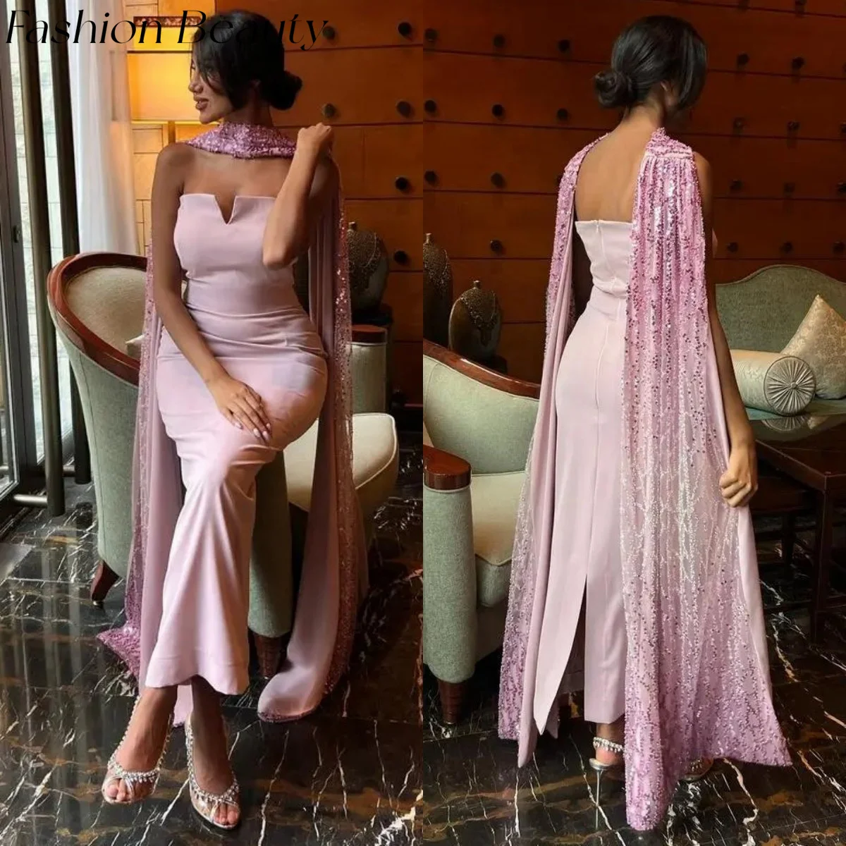 Fashion Beauty Saudi Pink Prom Dresses Strapless Shiny Beaded Ribbons Formal Occassion Dress For Women 2024 vestidos de noche