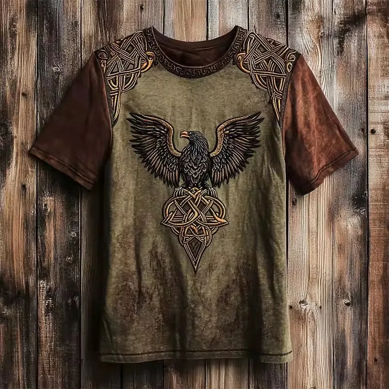New brown and yellow vintage men's Nordic dragon full print round neck loose retro short sleeved T-shirt clothing