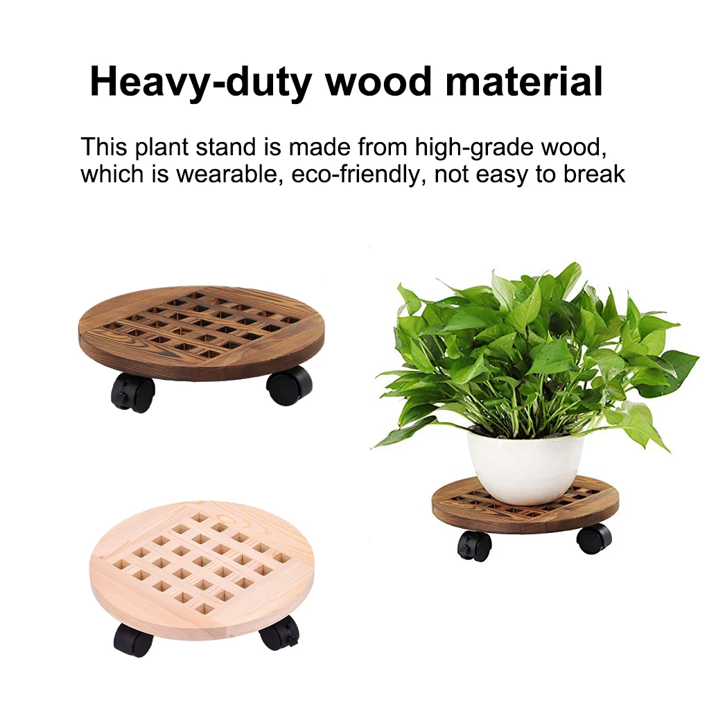 Wood Plant Stand Round Rolling Tray with Rotating Wheels Indoor Outdoor Pots Storage Rack for Home Garden  Type 1  25cm