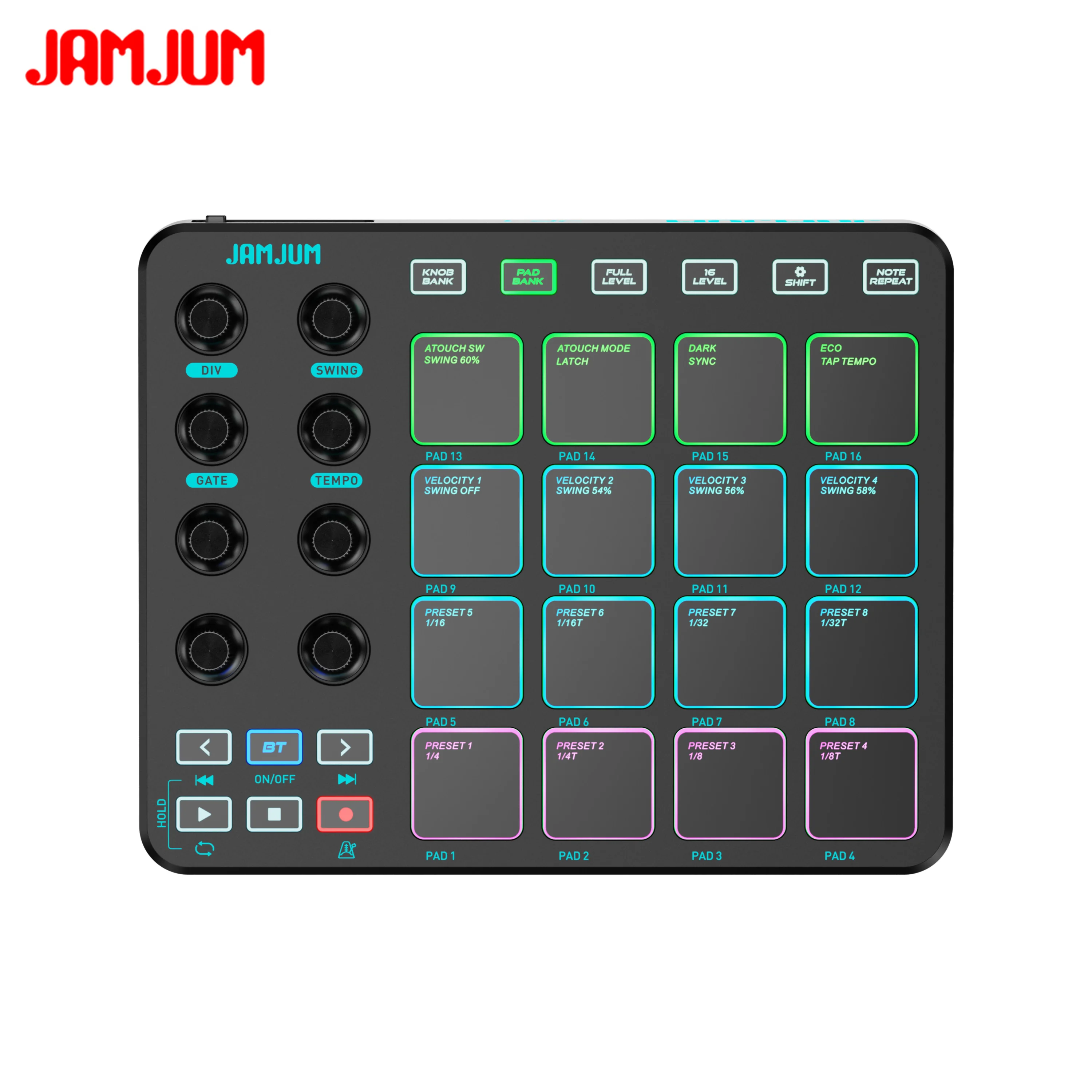 JAMJUM JP-1 Wireless MIDI Controller Pad - 16 RGB Pads, 8 Knobs, 20H Battery With BT & 3.5mm Output RGB Lighting image 2