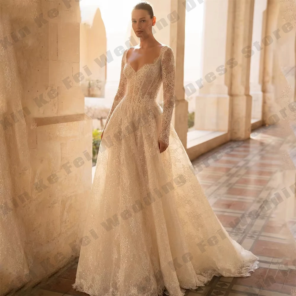 Abiti da sposa in pizzo di lusso Sweetheart maniche lunghe Abiti da sposa Paillettes Lucido Elegante abito da sposa classico Vestido personalizzato
