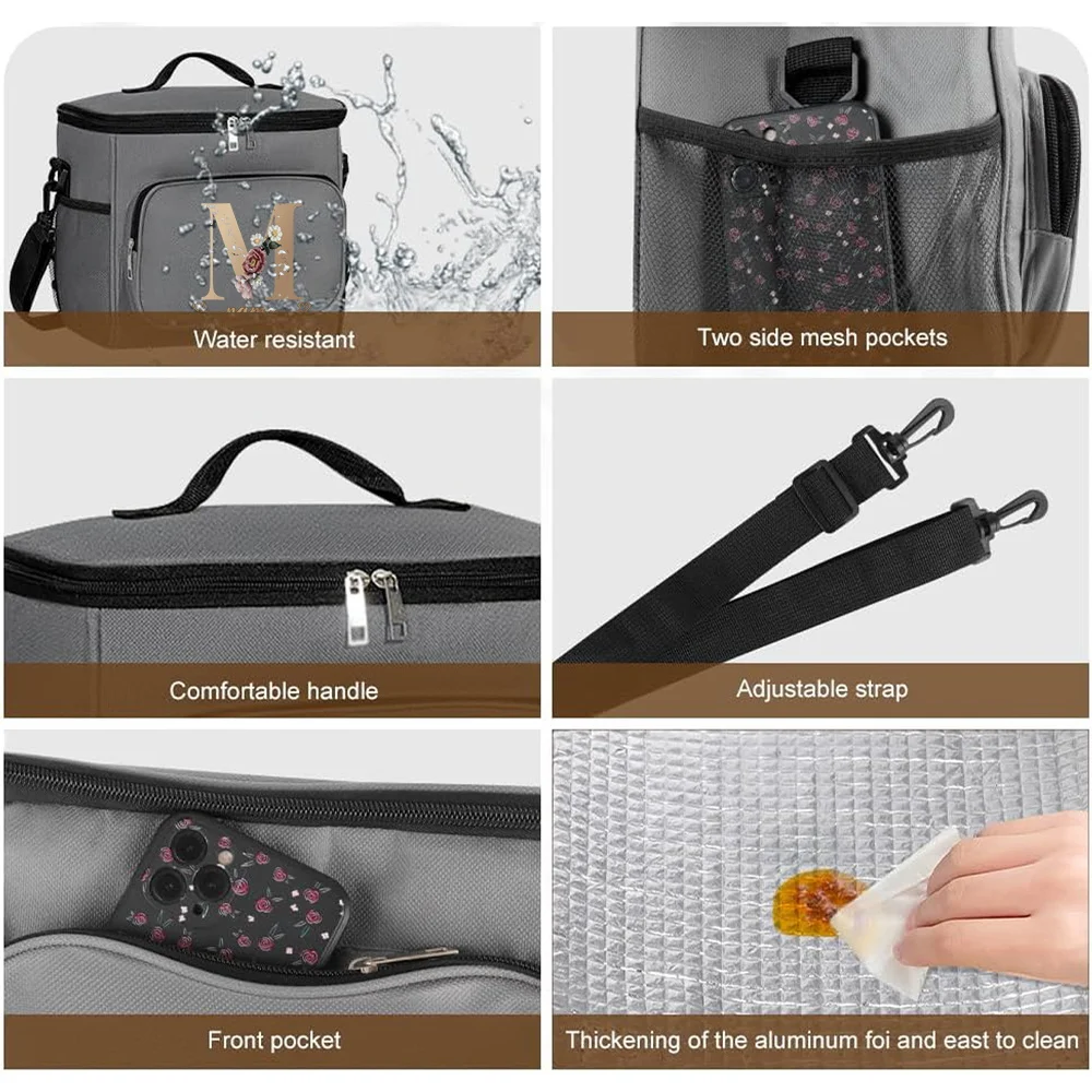 Customizable Name Grey Lunch Bag Insulated Handbag Rose Gold Series Multi Functional Picnic Lunch Box Waterproof Lunch Box
