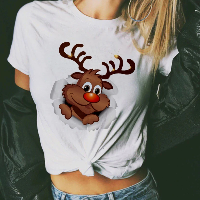 New cute reindeer t shirt women fashion Christmas Harajuku Short Sleeve t-shirt White Suitable all seasons Tshirt Tops clothing