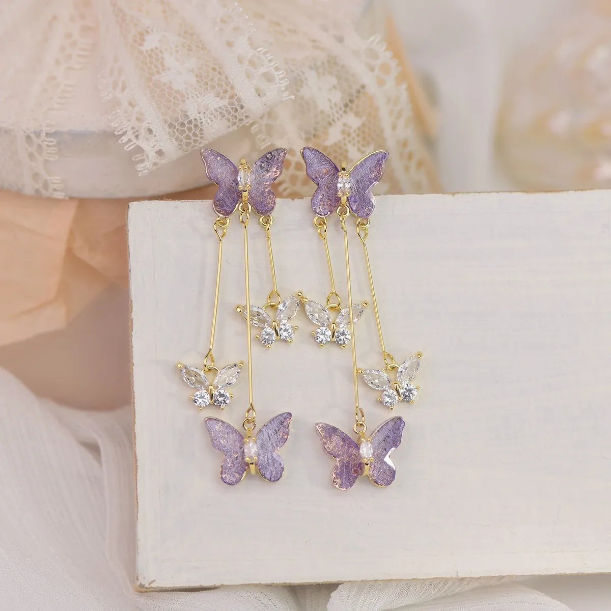 Orecchini in argento 925 con nappe lunghe a farfalla viola con ago per gioielli da donna 2024 orecchini di cristallo di lusso di moda coreana di