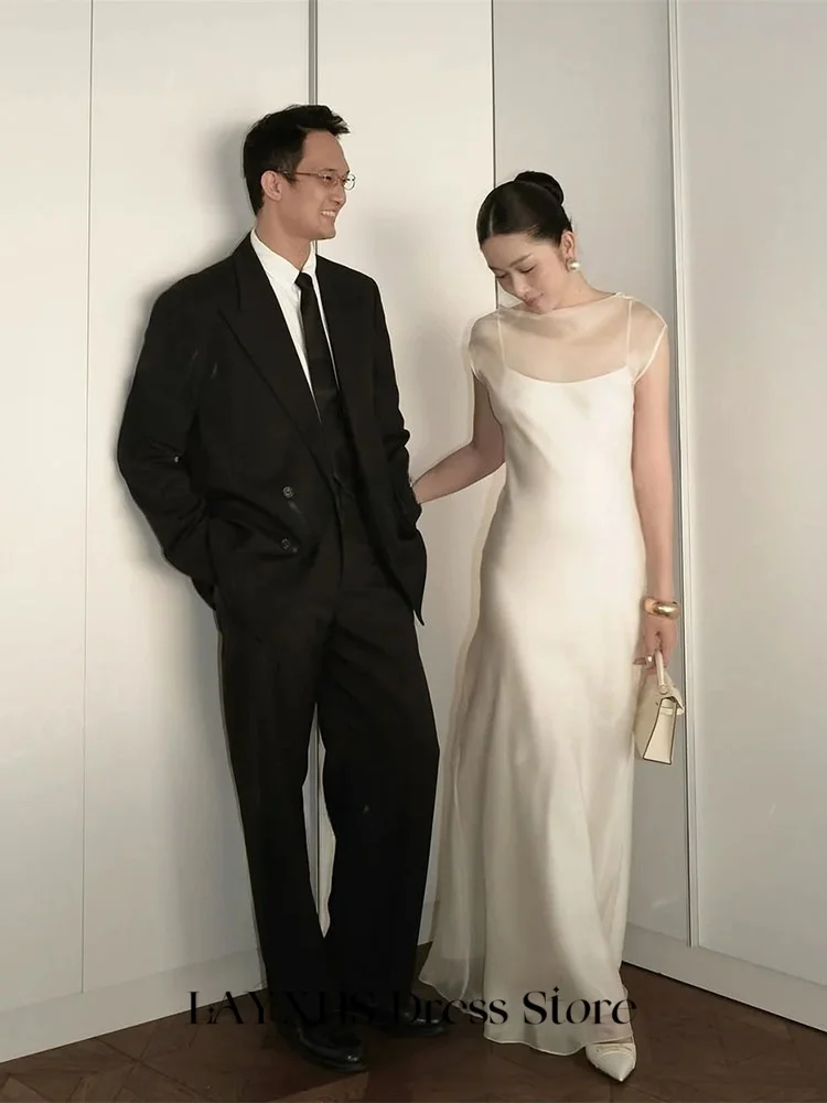 LAYXHS-vestidos de Noche elegantes con cuello redondo, Organza, sin mangas, sirena, botón, largo hasta el suelo, vestidos de novia personalizados