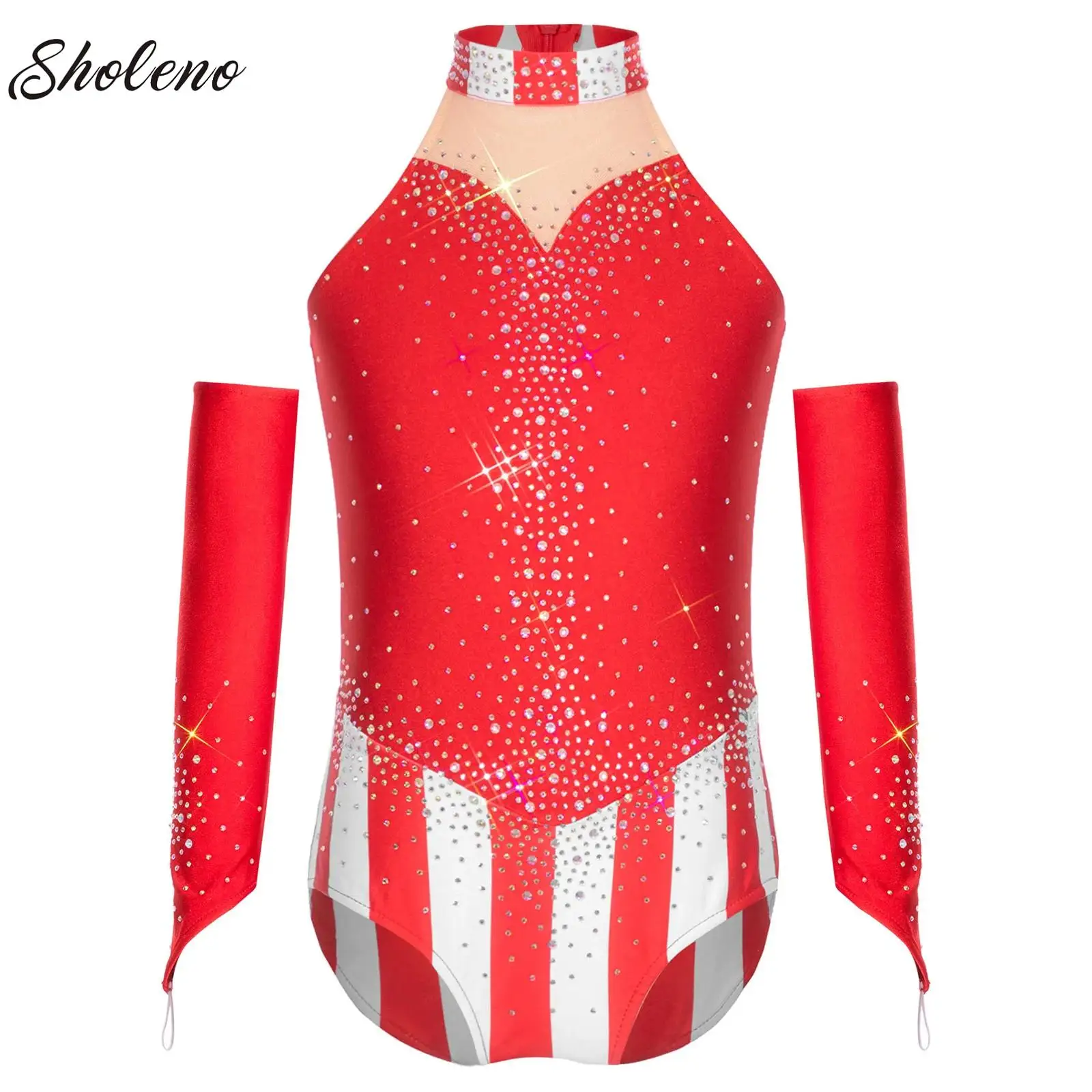 

Kids Girls Gymnastics Jersey Striped Rhinestones Latin Jazz Dance Performance Costume Sleeveless Leotard Bodysuit Dance Body Top