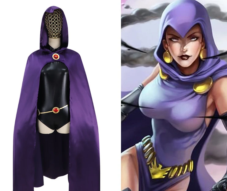 

Anime Teen Titans Raven Cosplay Costume Hero Women Black Bodysuit Purple Hooded Cloak Jumpsuits Halloween Party Uniform