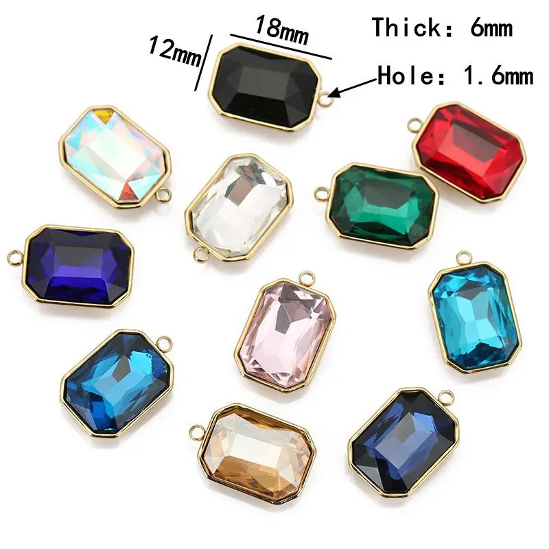 5pcs/lot Stainless Steel Birthstone Pendant Rectangle Faceted Glass Crystal Charms for Bracelets Earring Necklace Jewelry Making