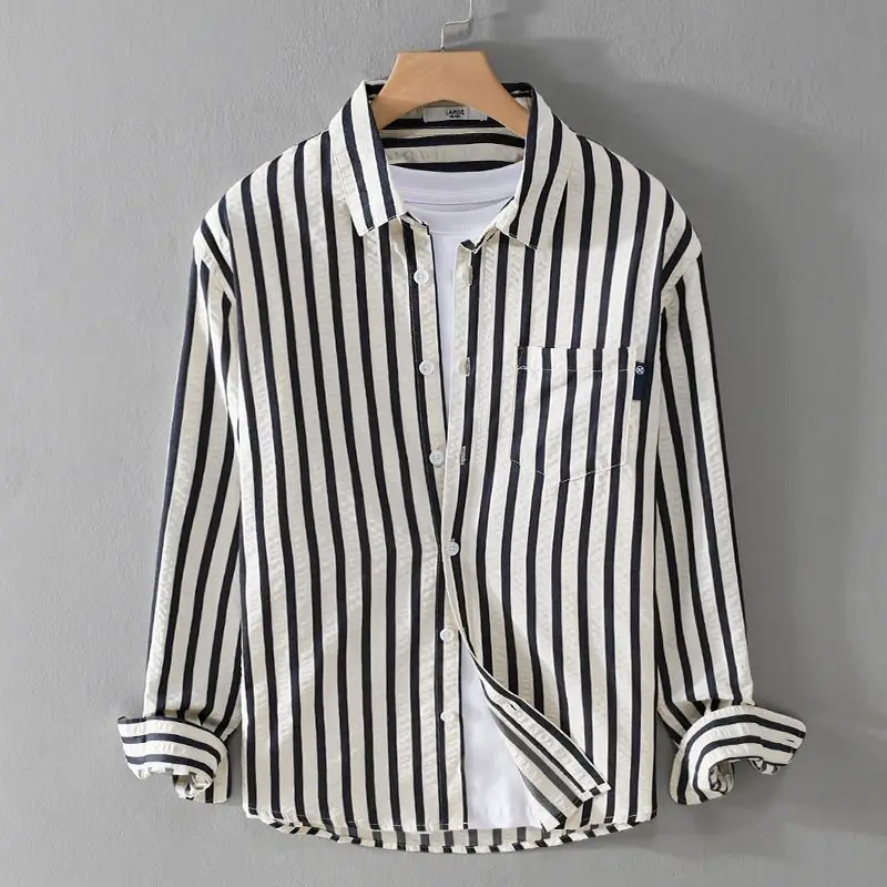 2023 Spring and Autumn Men\'s Square Neck Button Stripe Pocket Loose Trendy Casual Fashion Elegant Commuting Long sleeved Shirt