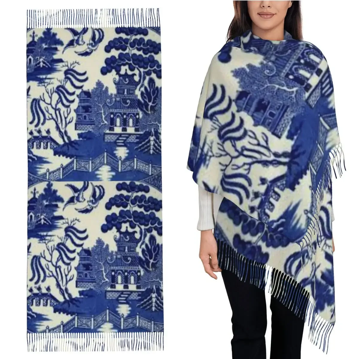 

Шарф-подставки с узором синей ивы, шарфы с кисточками для женщин, мягкие теплые шали и накидки, длинная осенне-зимняя шаль