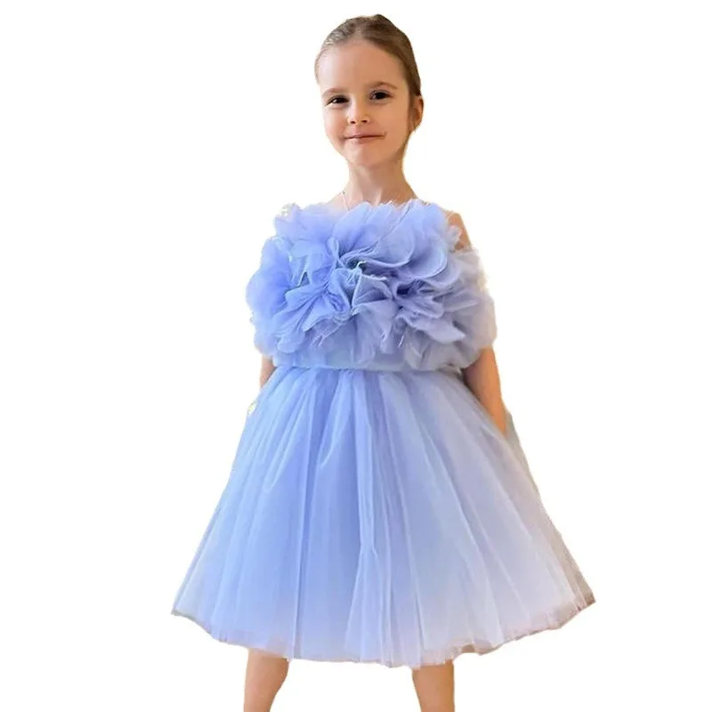 Girl\'s New 3D Decal Sleeveless Mesh Solid Color Sweet and Cute Princess Dress Wedding Flower Girl Evening Dress for 1-12 Years