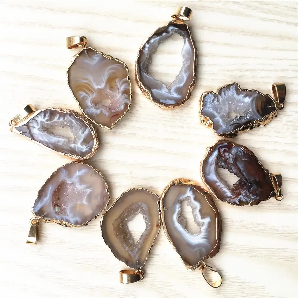 

5Pcs Natural Brazilian Electroplated Gold Edged Slice Open Agates Geode Drusy Druzys Pendants For Women Necklace jewelry Making