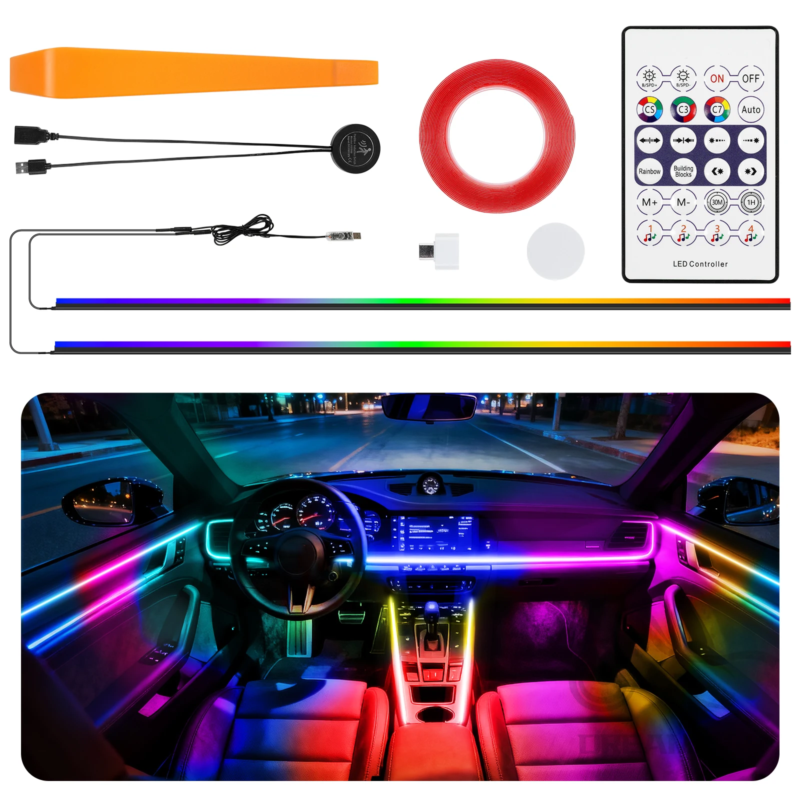 

Светодиодные ленты для автомобиля с динамической подсветкой Dreamcolor, комплекты для создания атмосферы, синхронизация с музыкой, беспроводное управление через приложение и радиоуправление, 55,12 дюйма*2