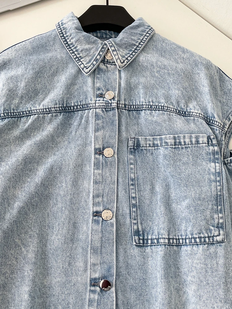 Casual design hollowed out off shoulder long sleeved denim shirt women's spring new loose and versatile cardigan jacket