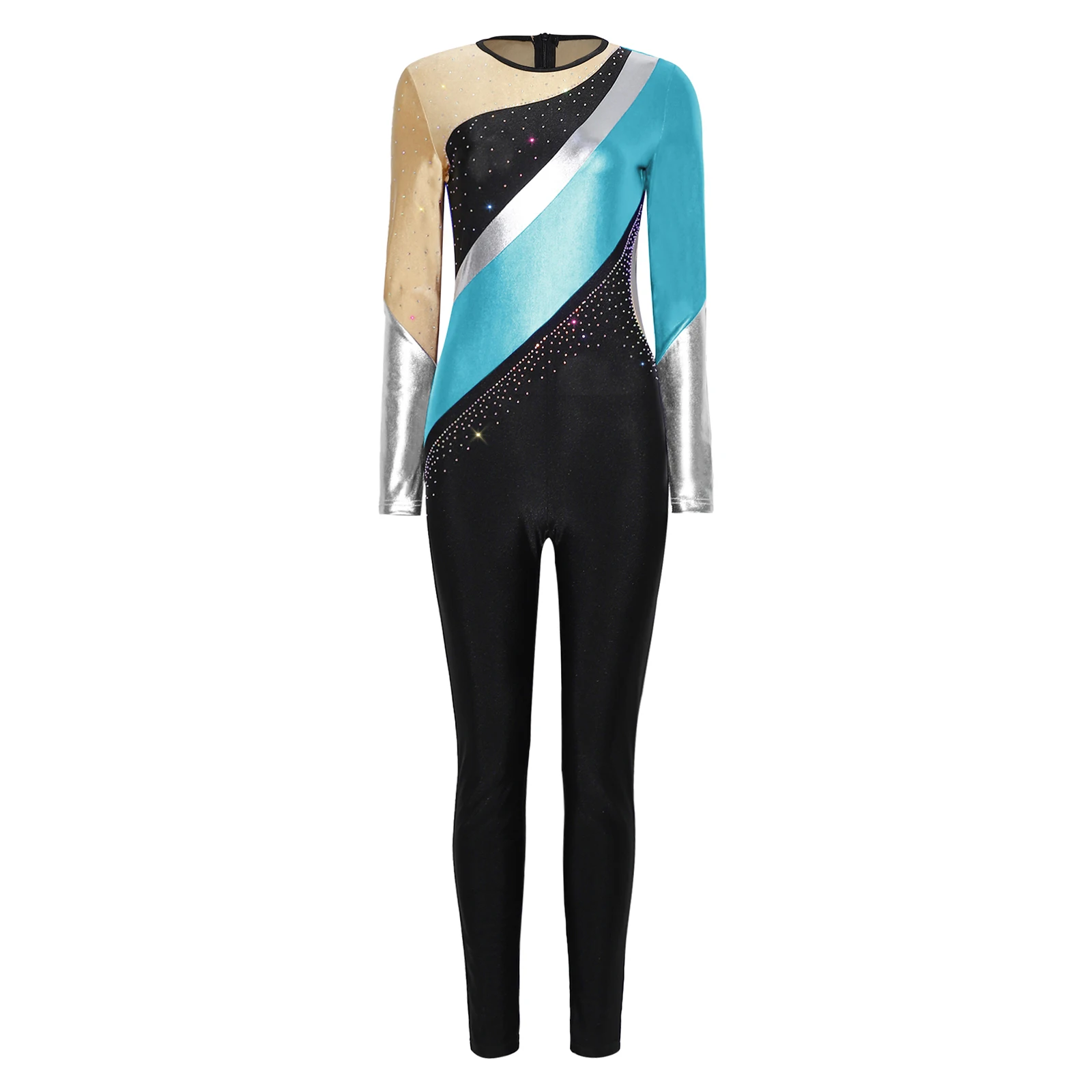 

Ballet Latin Training Unitard for Women Metallic Shiny Rhinestone Color Block Design Long Pants Back Zipper Gymnastics Jumpsuit
