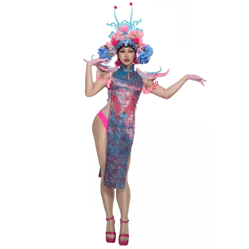 Gogo Dancer Clothing Chinese Style Flying Shoulder Cheongsam Singer Performance Dresses Women Festival Clothing