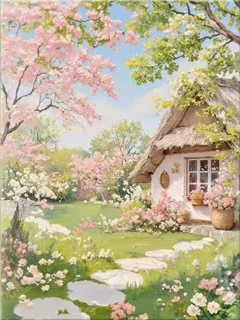 

Rustic Style House Sakura Tree Diamond Painting Handmade DIY with Frame Living Room Decorative Artwork Simple Modern Oil Canvas