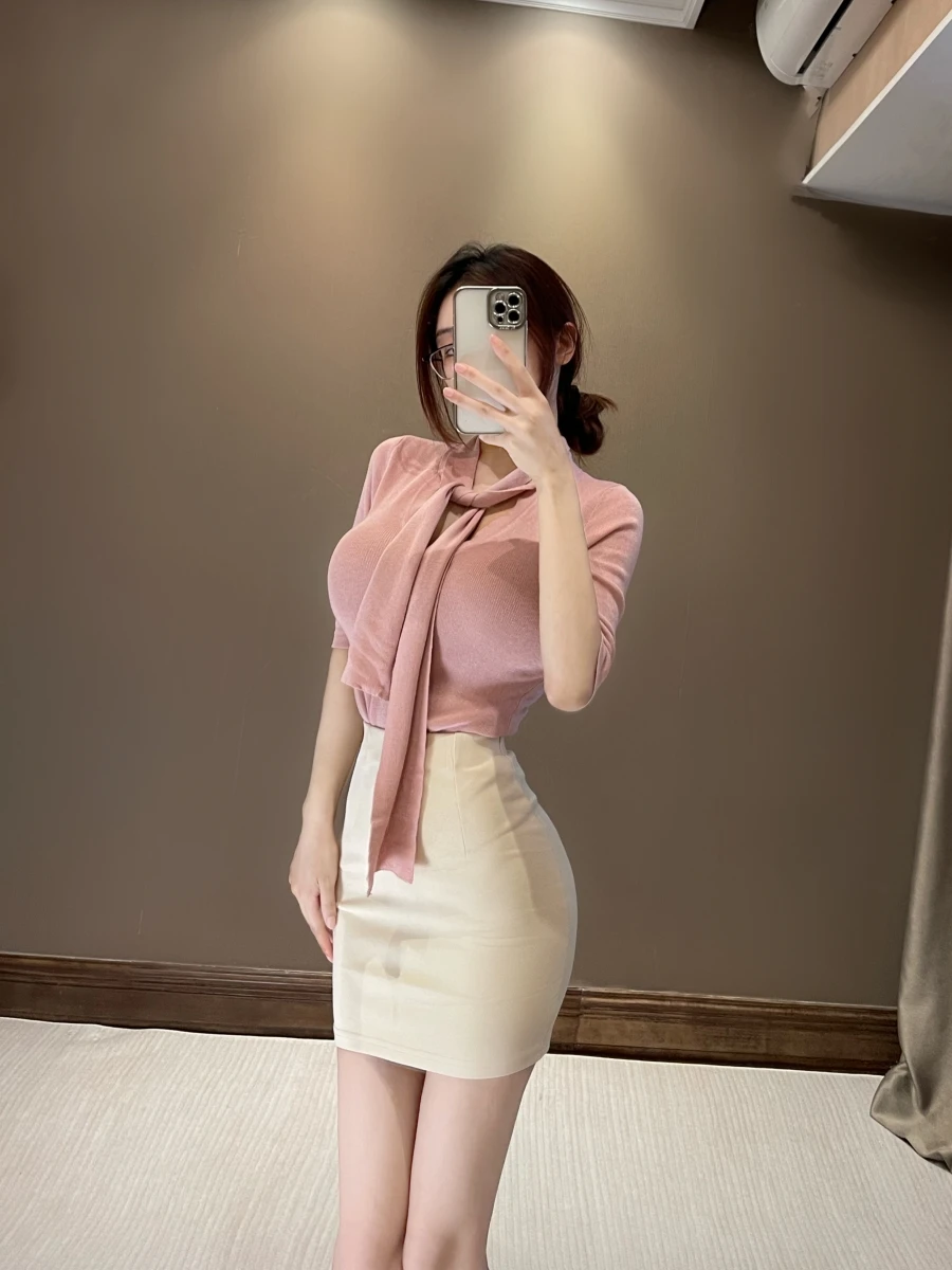 

Мягкий трикотажный топ из модала с поясом, модный тонкий корейский Sle для поездок на работу, подходит для офиса и свиданий, футболка с высокой талией и V-Ne