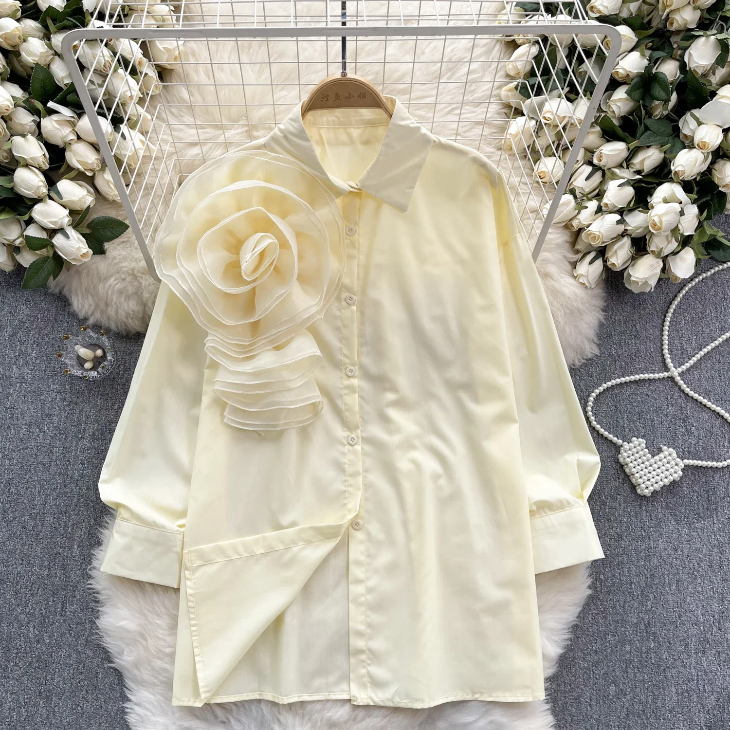 2024 Solid Summer Shirts&blouses 3D Flowers Vintage Korean Fashion Women Tops Elegant Sweet Party Blusas Mujer